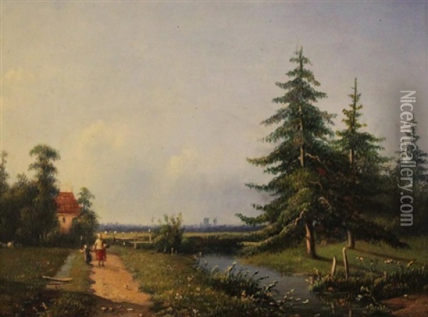 Canal Landscape With Evergreens Oil Painting - Ferdinand Hendrik Sijpkens