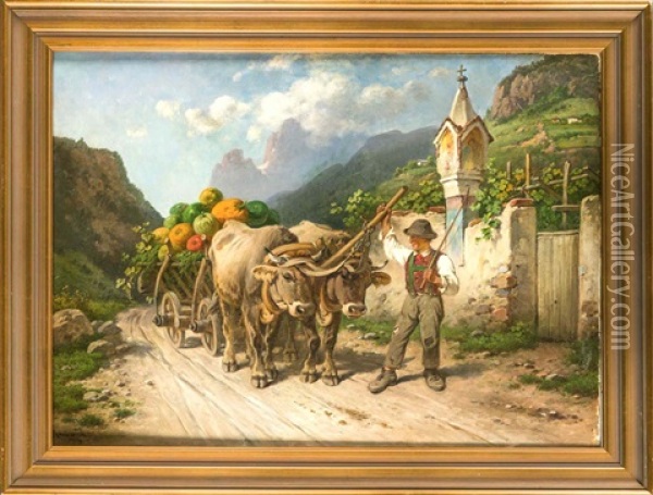 Bauer Mit Ochsengespann In Sommerlicher Alpenlandschaft Oil Painting - Adolph van der Venne