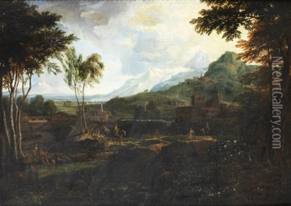 An Extensive Mountainous Landscape With Horsemen On A Wooded Path Oil Painting - Joachim Franz Beich