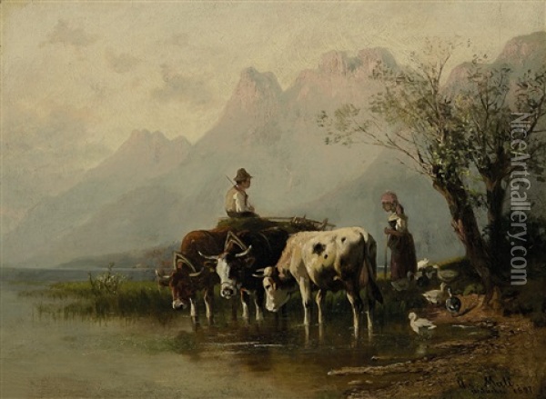 Hirtin Und Bauernbub Auf Heuwagen Am Wasser Oil Painting - Christian Friedrich Mali