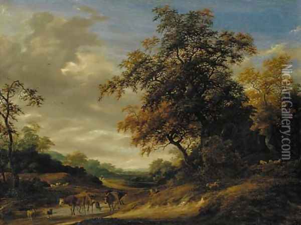 A wooded landscape with herders resting and cattle and sheep grazing Oil Painting - Salomon van Ruysdael