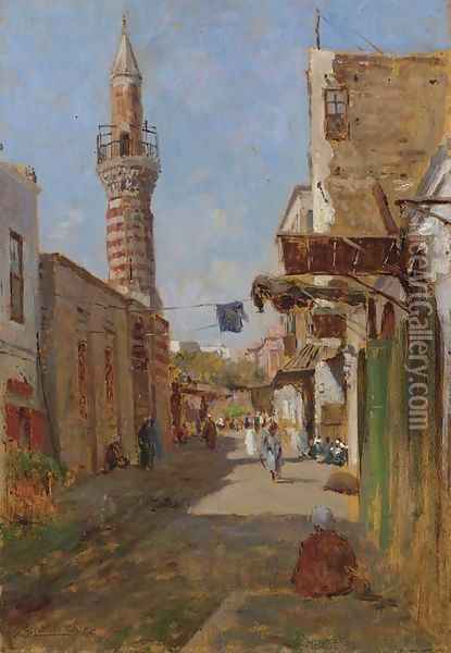 A Section of the main Street of the Fatimid area of al-Qahira (the heart of historic Cairo) with the Mosque of al-Fakahani Oil Painting - Augusto Lovatti