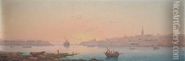 Early Morning, Marsamaxett Harbour, Valletta, Malta Oil Painting - Luigi Maria Galea