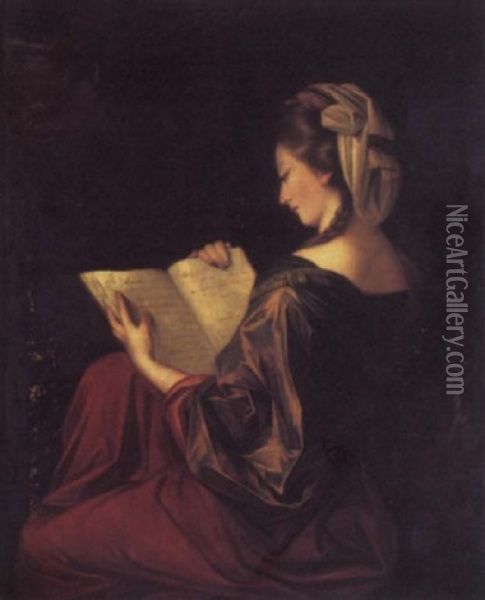 Portrait Of A Lady In A Red Dress And Green Velvet Top, Holding A Book, Sitting In A Landscape Oil Painting - Angelika Kauffmann