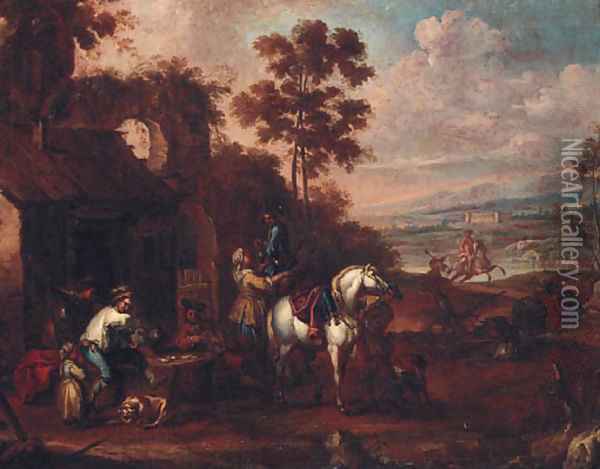 Sportsmen taking refreshment and playing cards at an inn Oil Painting - Francesco Simonini