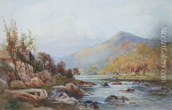 A Rocky River Landscape With Mountains Beyond,together With Another Similar Oil Painting - Joshua Fisher