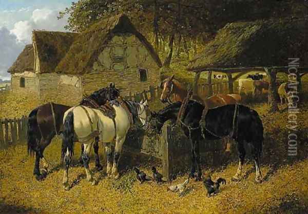 Horses feeding in a farmyard, with chickens, and cattle beyond Oil Painting - John Frederick Herring Snr