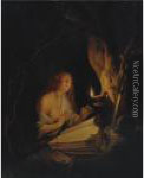 The Penitent Magdalene By Candlelight Oil Painting - Gerrit Dou