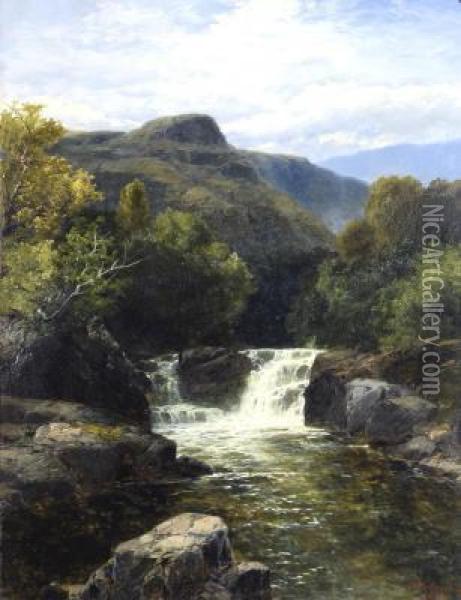 Mountainous Scene With Waterfall Oil Painting - James Burrell-Smith