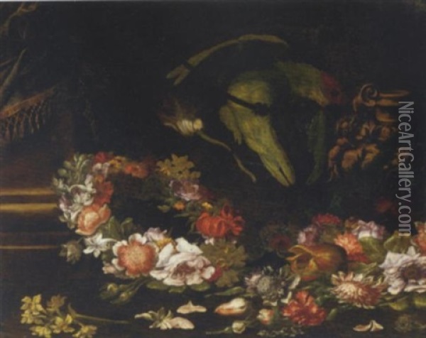 Narcissi, Peonies And Roses In A Wreath With Other Flowers Strewn On The Floor And A Parrot On A Rope Oil Painting - Giovanni Paolo Castelli (lo Spadino)