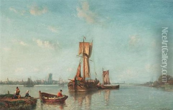 Shipping In An Estuary Oil Painting - Johannes Frederick Schuetz