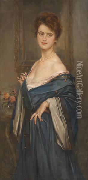 Elegante A La Robe Bleue Oil Painting - Jean-Leon Gouweloos