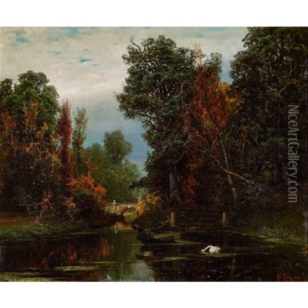 Idyllic River Landscape With Swan Oil Painting - Yuliy Yulevich (Julius) Klever
