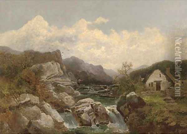 A cottage beside a rocky mountain stream Oil Painting - Joseph Horlor