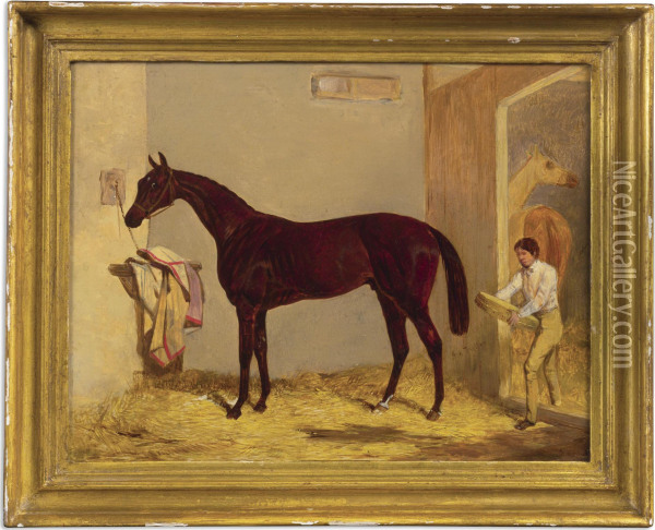 Joe Miller, Property Of J. Parker, Esq., With Groom Oil Painting - Harry Hall