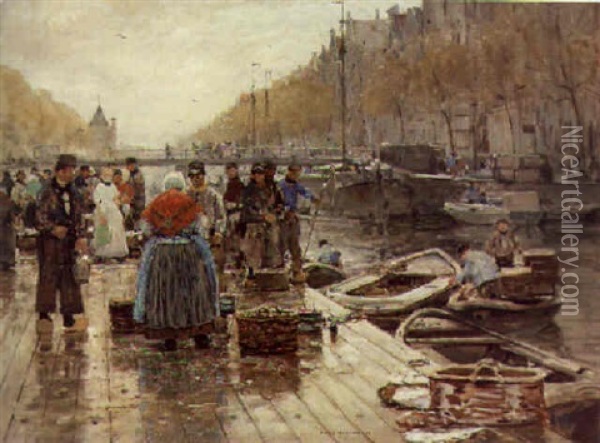 Fishermen On A Quay Oil Painting - Hans Herrmann