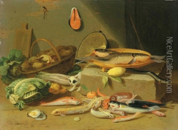A Pantry With A Cat Prowling Among Fish And Vegetables Oil Painting - Jan van Kessel the Elder