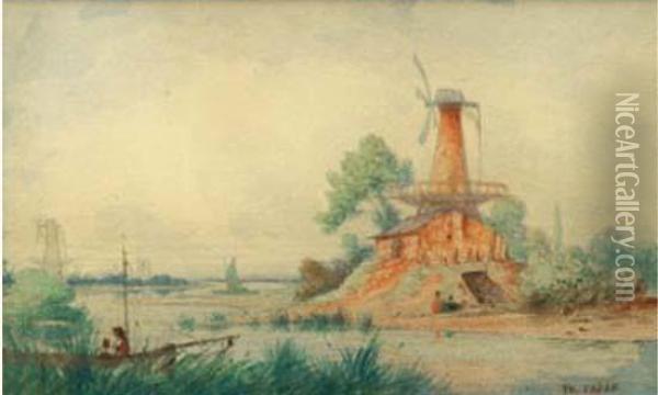 Moulins Au Bord De La Riviere. Oil Painting - Ch. Theodore, Bey Frere