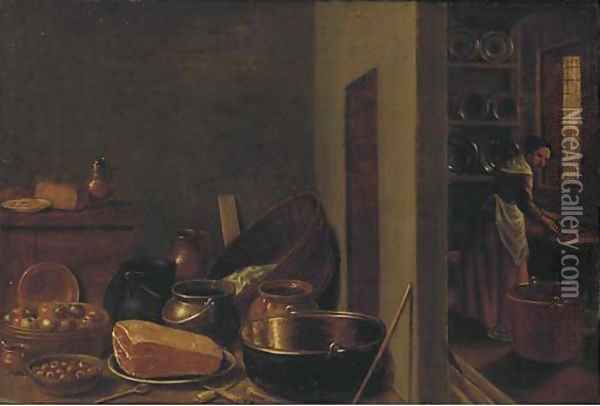A kitchen interior with utensils in the foreground Oil Painting - Hendrick Maertensz. Sorch (see Sorgh)