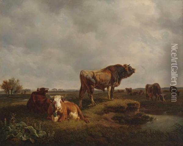 Kuhherde Mit Stier In Weiter Weidelandschaft Oil Painting - Friedrich Johann Voltz