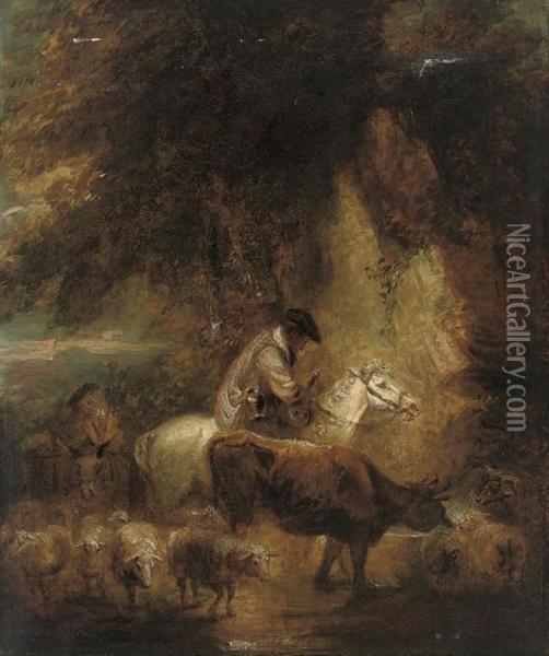 A Rocky Wooded Landscape With A Mounted Drover And Cattle Wateringat A Trough Oil Painting - Thomas Gainsborough