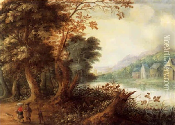 Flusslandschaft Mit Wandernen, Im Hintergrund Ein Weiler Oil Painting - Jasper van der Laanen