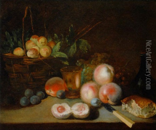Nature Morte: Corbeille De Fruits, Fruits, Timbale... Poses Sur Un Entablement Oil Painting - Andre Bouys
