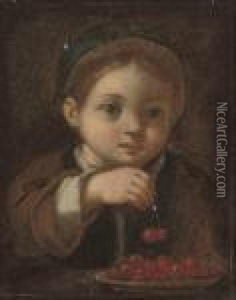 A Young Boy Eating Cherries Oil Painting - Antonio Amorosi