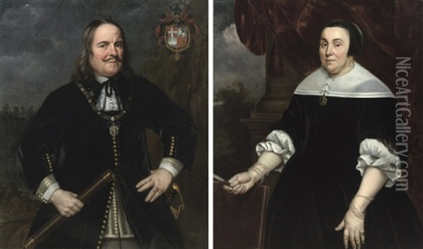 Portrait Of Michiel De Ruyter, Three-quarter-length, In A Black Costume With A Lace Jabot, Holding A Baton In His Right Hand, A Seascape Beyond (+ Portrait Of Anna Van Gelder; Pair) Oil Painting - Hendrick Berckman