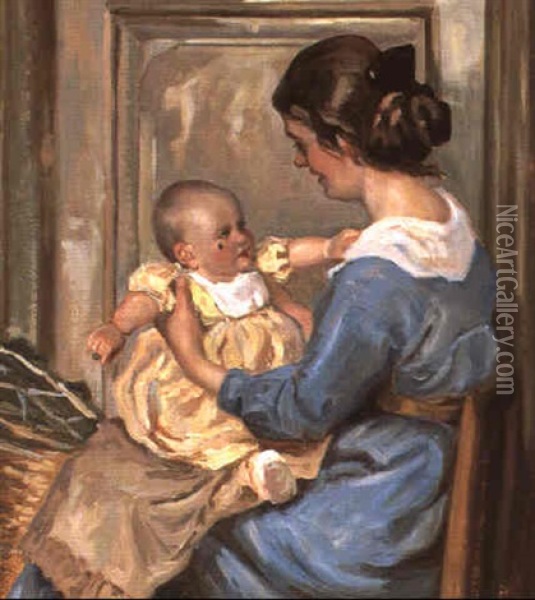 Moder Siddende Med Sit Barn Pa Skodet Oil Painting - Viggo Pedersen