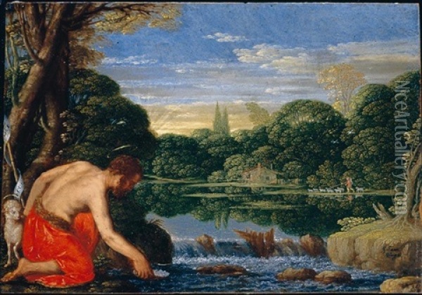 A Wooded River Landscape With Saint John The Baptist Oil Painting - Johann (Hans) Konig