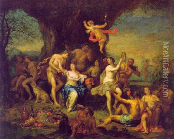 Bacchus Und Ariadne Mit Bacchanten In Einer Landschaft Oil Painting - Franz Christoph Janneck