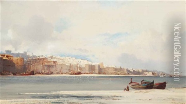 Figures On The Shore Before Rabat, Morocco Oil Painting - Jean Baptiste Henri Durand-Brager
