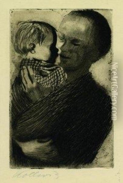 Mutter Mit Kind Auf Dem Arm. 
1910. Line Etching And Dry Point Etching On Copperprint Paper. 20 X 13cm
 . Signed Oil Painting - Kathe Kollwitz