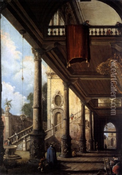 Cappriccio Mit Kolonade Und Innenhof Oil Painting - Giovanni Grubas