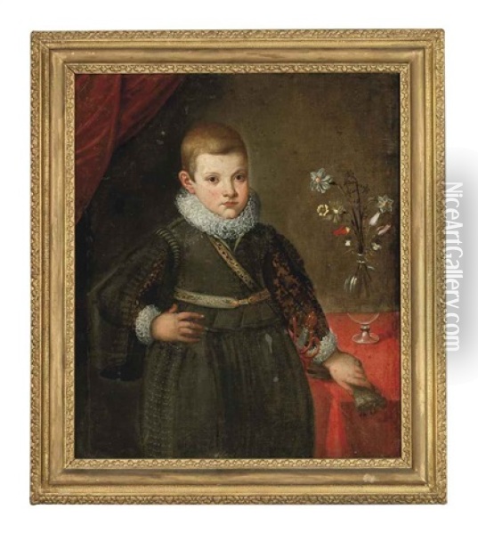 Portrait Of A Young Boy, Three-quarter-length, In A Green Jerkin And Hose, His Left Hand Resting On A Draped Table Oil Painting - Alonso Sanchez Coello