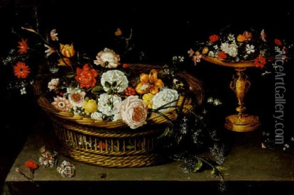 A Still Life Of Roses, Tulips, Lilies And Other Flowers In A Basket, And A Gilt Tazza With Flowers On A Table Oil Painting - Jan Brueghel the Elder
