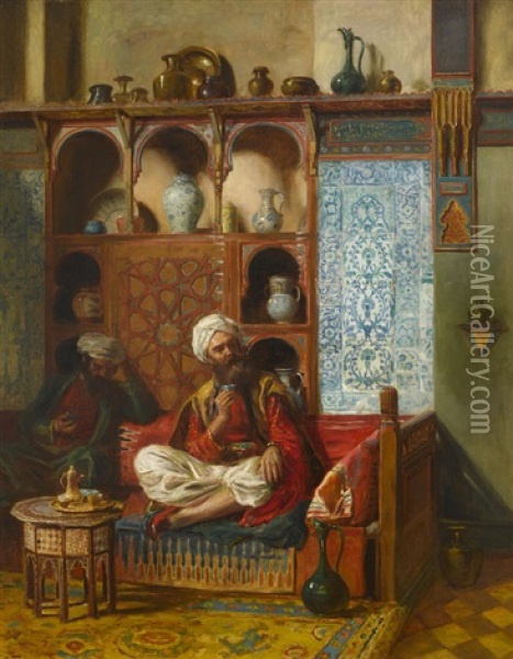 Arabs Drinking Tea In An Interior Oil Painting - John Bagnold Burgess