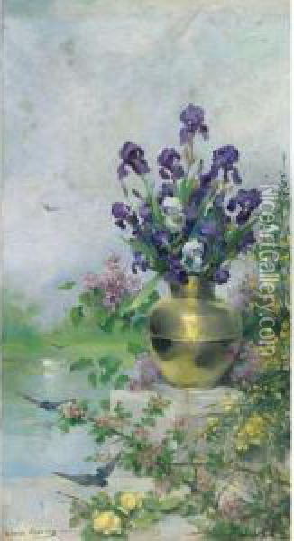 A Vase Of Irises On The Terrace Oil Painting - Louise Abbema