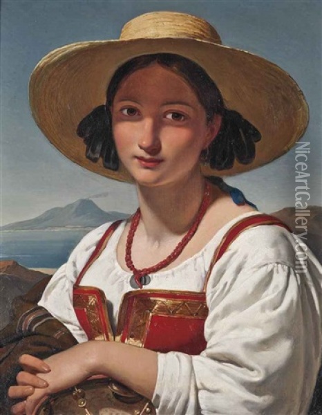 A Neapolitan Girl Before Vesuvius Oil Painting - Jan Adam Janszoon Kruseman