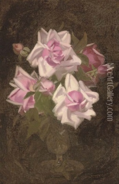 Pink Roses In A Vase Oil Painting - Stuart James Park