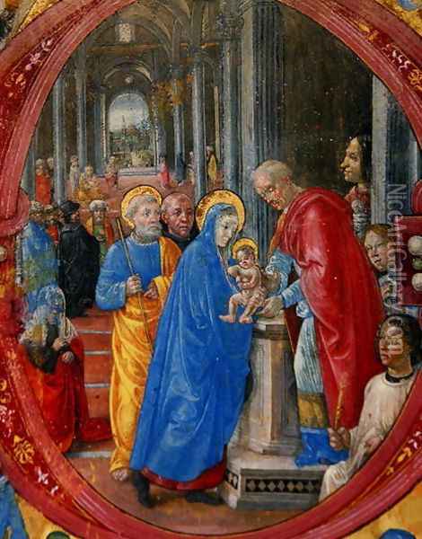 Corale B 26 c.113r Historiated initial C depicting the Presentation in the Temple, with a portrait of Lorenzo the Magnificent 1449-92 by a column on the right hand side Oil Painting - di Baldassare (Frate Eustachio) Tommaso