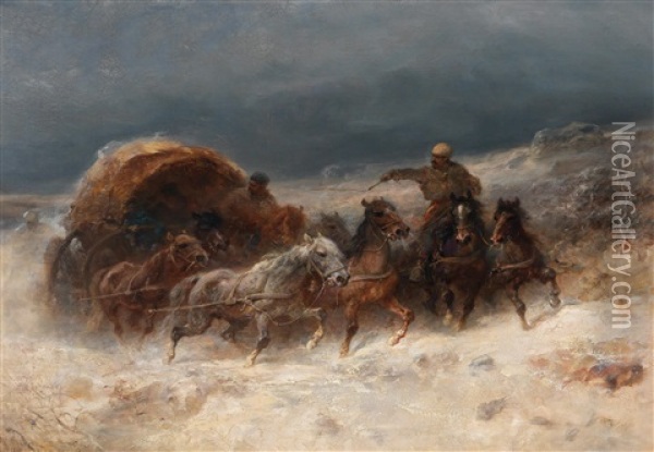Geldings In A Winter Landscape Oil Painting - Adolf Schreyer