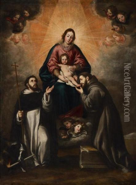 Madonna Mit Kind Und Den Heiligen Dominikus Und Franziskus Oil Painting - Antonio Del Castillo Y Saavedra