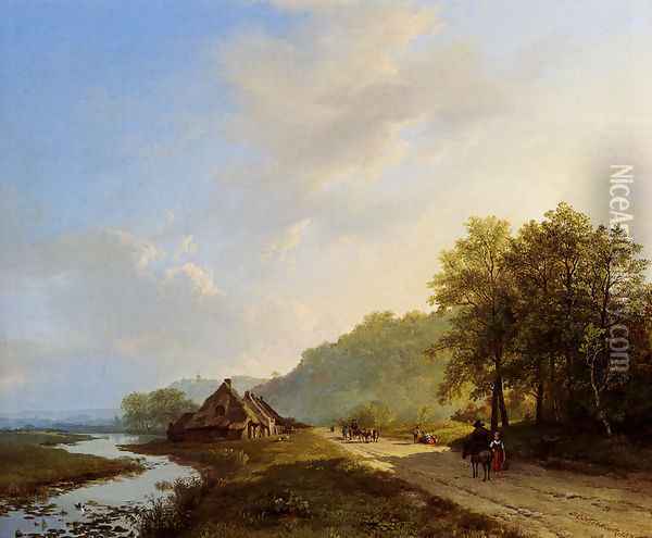 A Summer Landscape With Travellers On A Path Oil Painting - Barend Cornelis Koekkoek