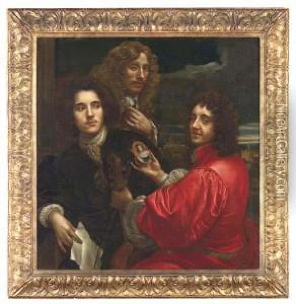 Group Portrait Of Three 
Gentlemen, Half-length, One In A Reddoublet Holding A Viola Da Gamba In 
One Hand And A Miniatureportrait In The Other, The Second In A Brown 
Coat With A Silkcravat, Holding A Letter, The Last Holding Up A Medal 
From A Chain Oil Painting - Anton Domenico Gabbiani
