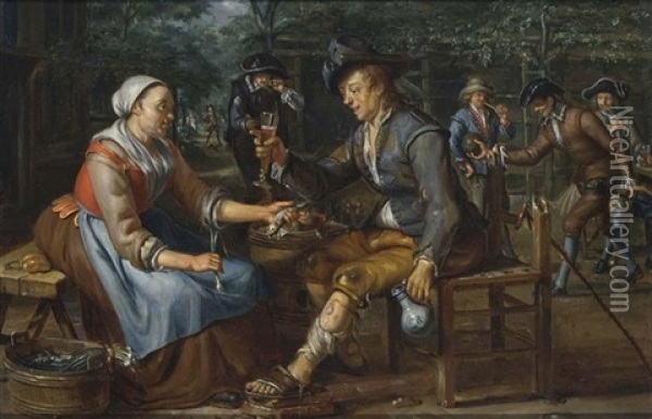 A Lady Offering A Herring And An Onion To A Soldier Holding A Glass Of Beer, Other Soldiers Playing Skittles Beyond Oil Painting - Matthys Naiveu