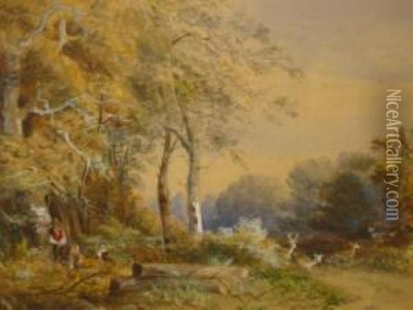 Figures And Deer In A Forest Glade Oil Painting - Richard Peter Richards