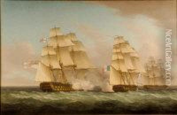The Venerable Admiral Durham Capturing The Iphigenie And Alceme Oil Painting - Thomas Whitcombe