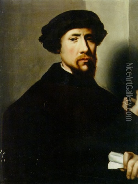 Portrait Of A Bearded Gentleman Wearing A Black Hat And Holding A Letter Oil Painting - Joos Van Cleve